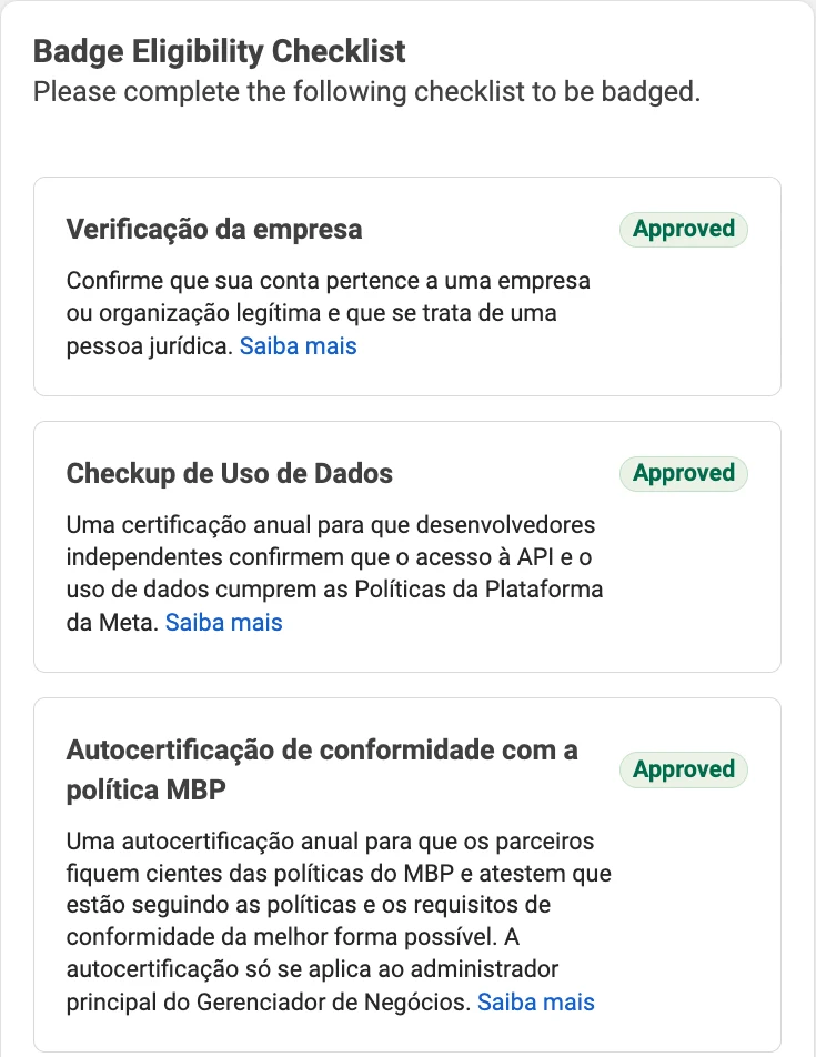Checklist de elegibilidade ao selo na Central de Parceiros da Meta com verificação da empresa, checkup de uso de dados e autocertificação aprovados