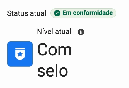 Central de Parceiros da Meta: nível atual Com selo e status Em conformidade