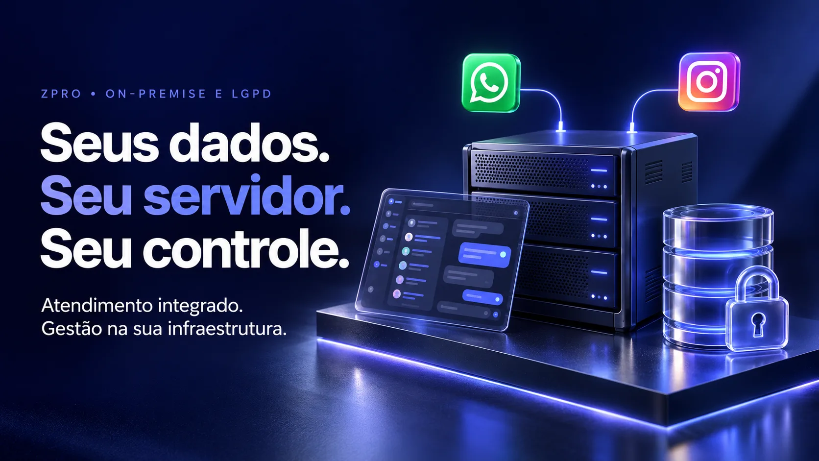 Capa: Seus dados, seu servidor, seu controle. Servidor com banco de dados protegido recebendo WhatsApp e Instagram