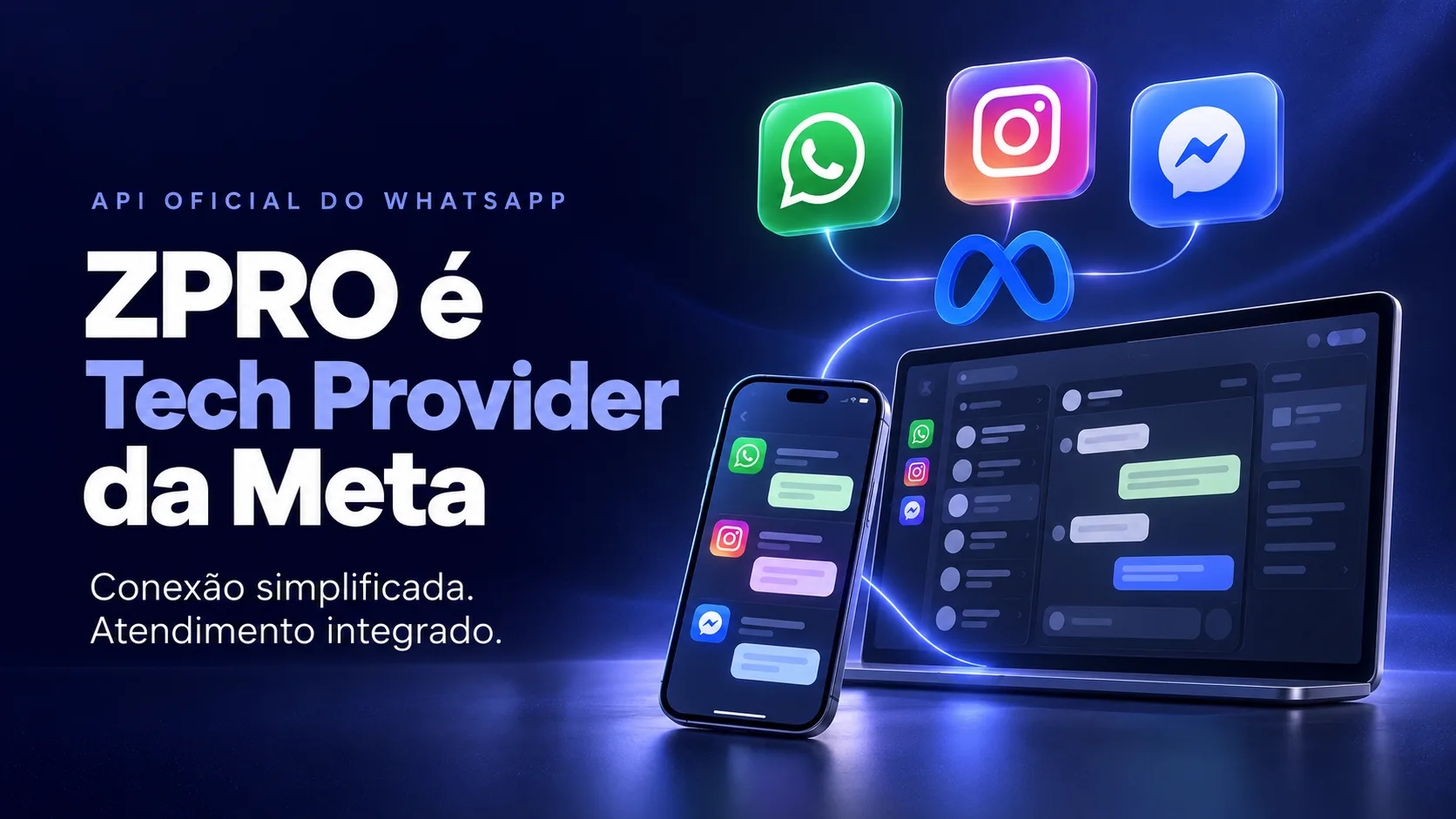 Capa: ZPRO é Tech Provider da Meta, com WhatsApp, Instagram e Messenger conectados pela Meta a um celular e a um painel de atendimento